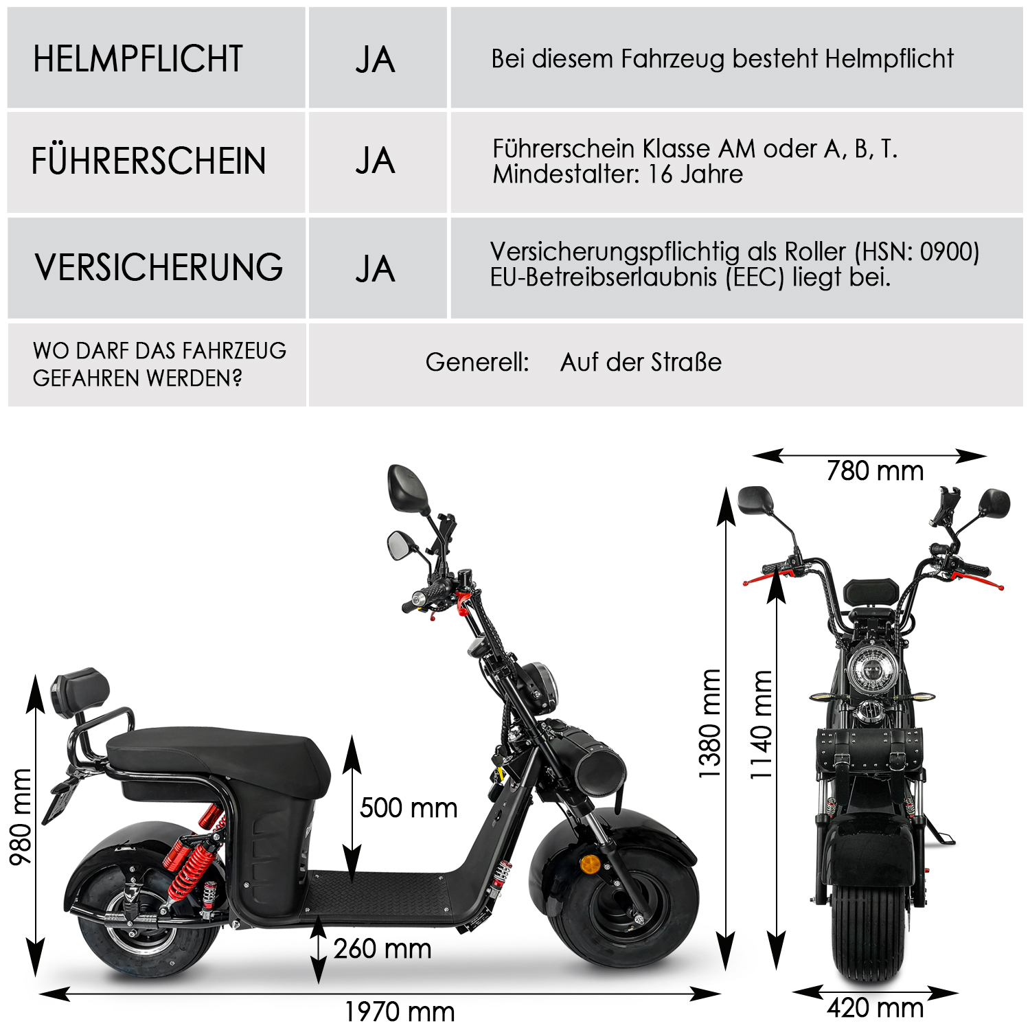 Rolektro, E-Cruiser 45 Lithium, Schwarz, 60V-20Ah Akku, 1500 Watt
