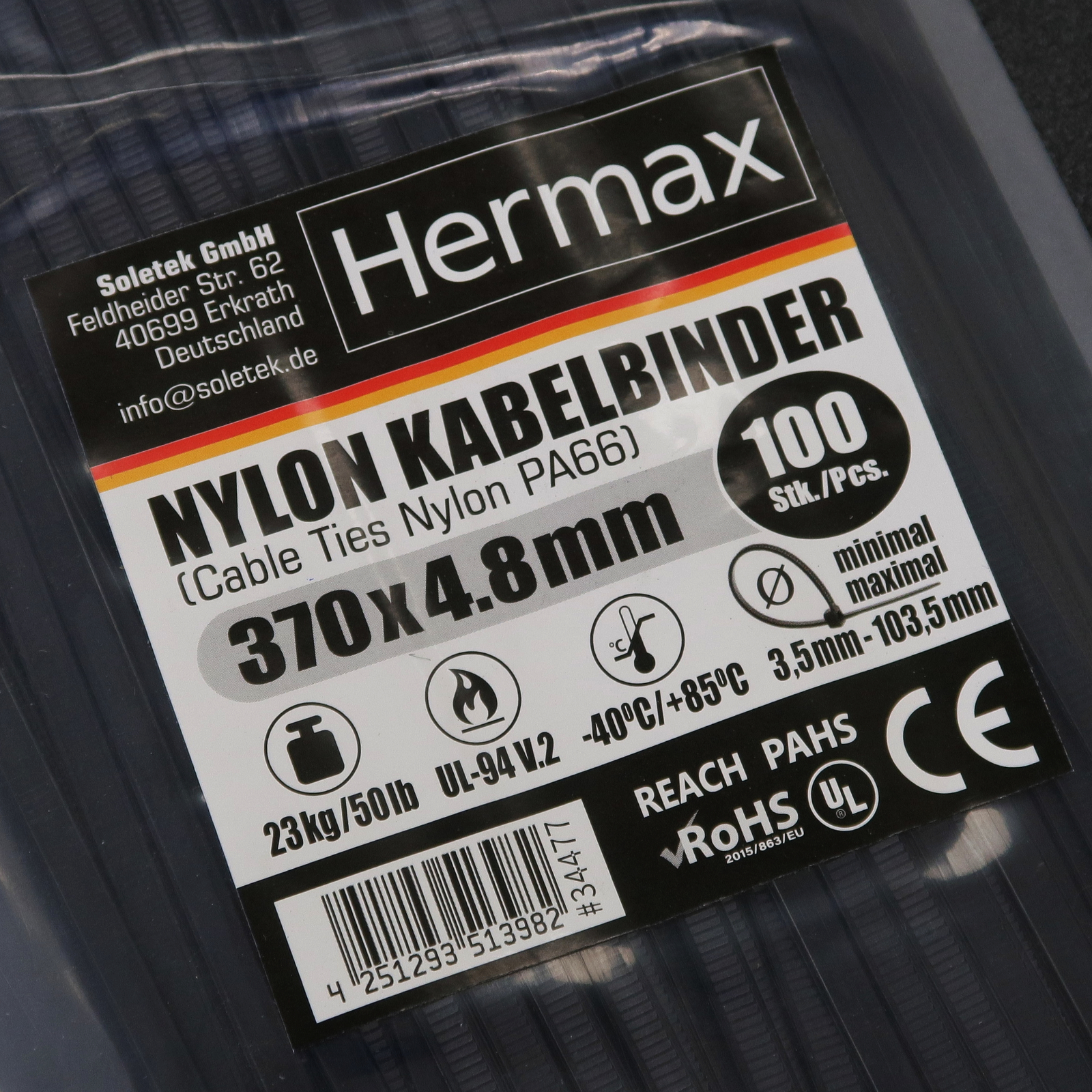 Kabelbinder, schwarz, 4,8 x 370mm, 100 Stk