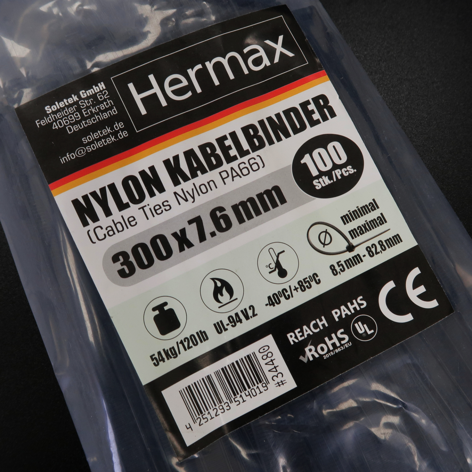 Kabelbinder, schwarz, 7,6 x 300mm, 100 Stk
