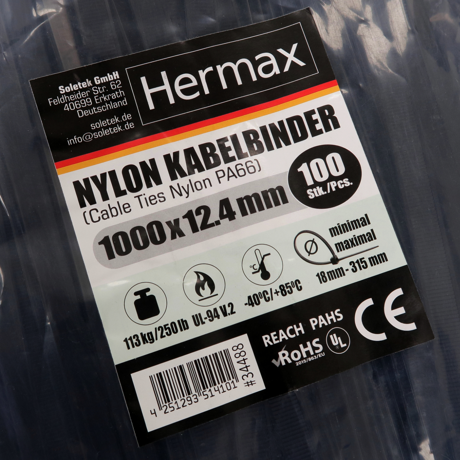 Kabelbinder, schwarz,12,4 x 1000mm, 100 Stk