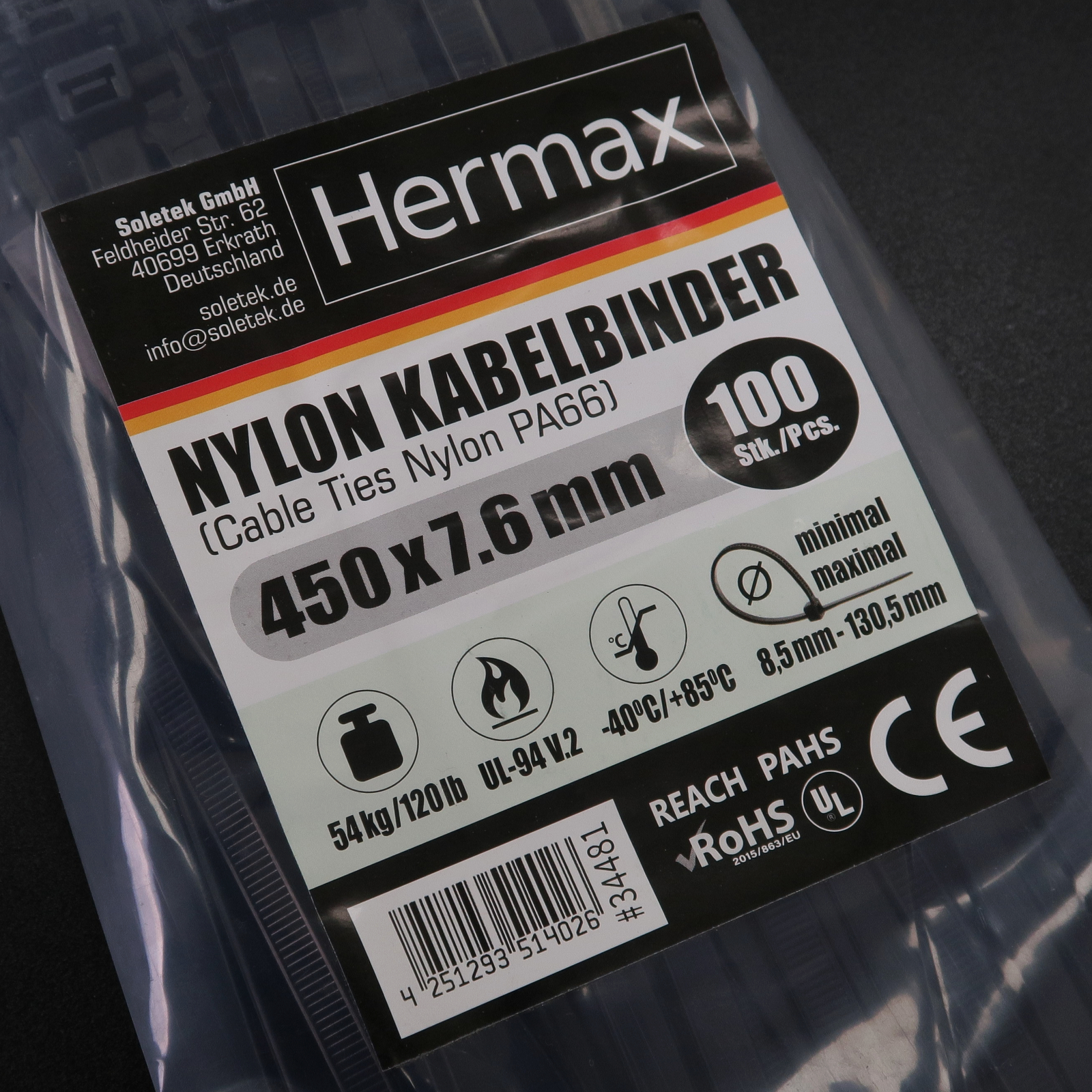 Kabelbinder, schwarz, 7,6 x 450mm, 100 Stk