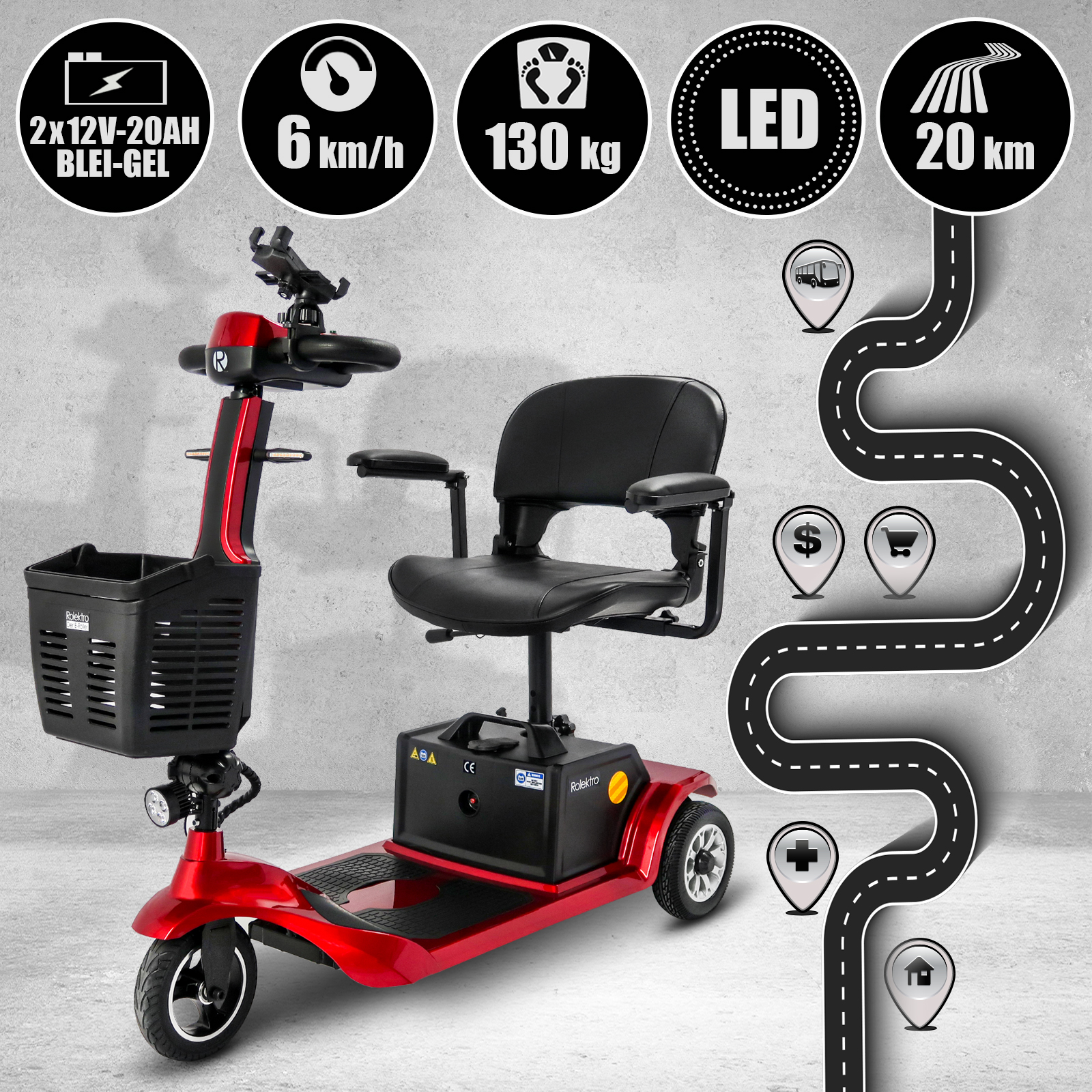 G1, Rolektro E-Trike 6 Blei-Gel, Rot, 6 km/h