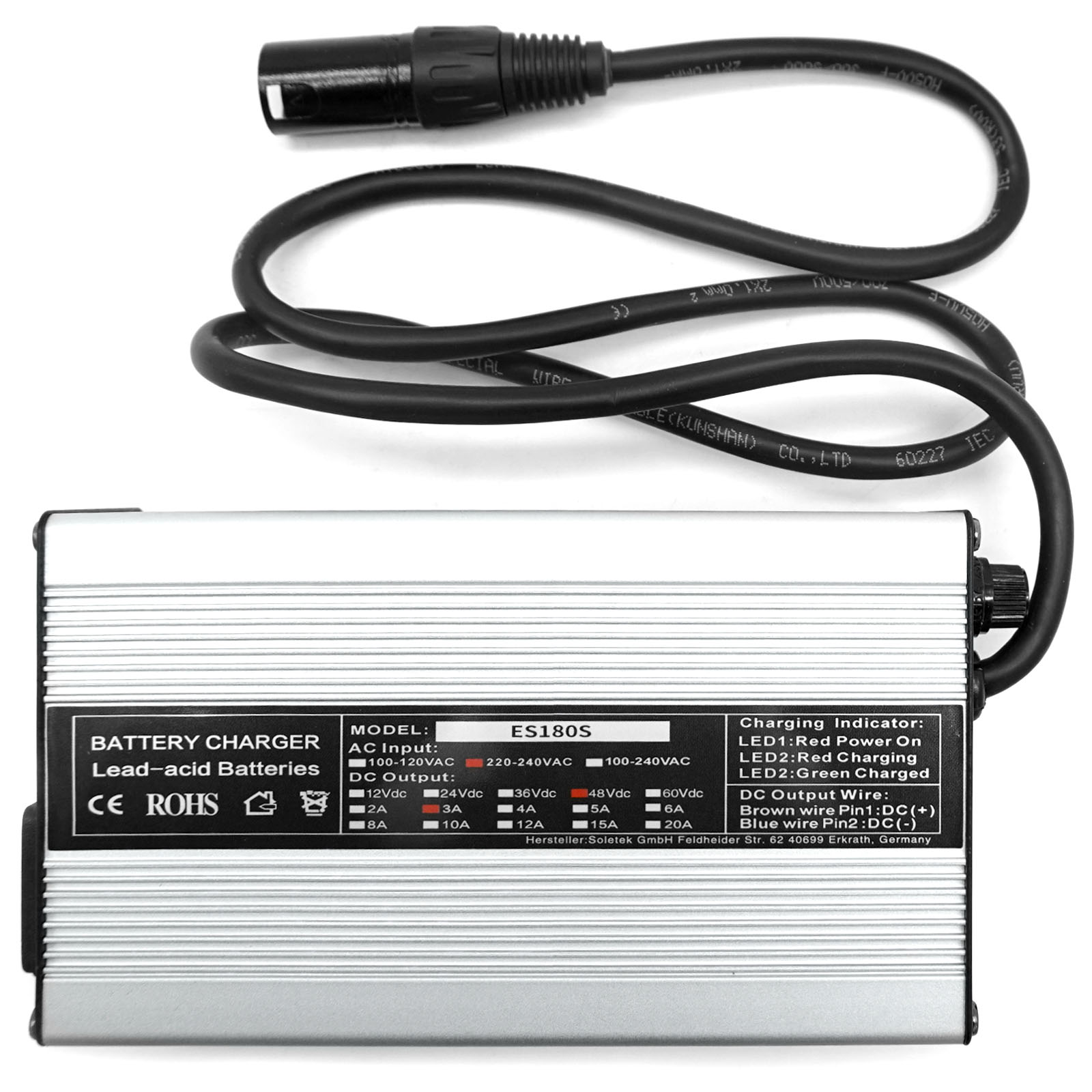 Hero45V2 - Charger 48V/3A for lead-acid battery, 3-pin, round plug