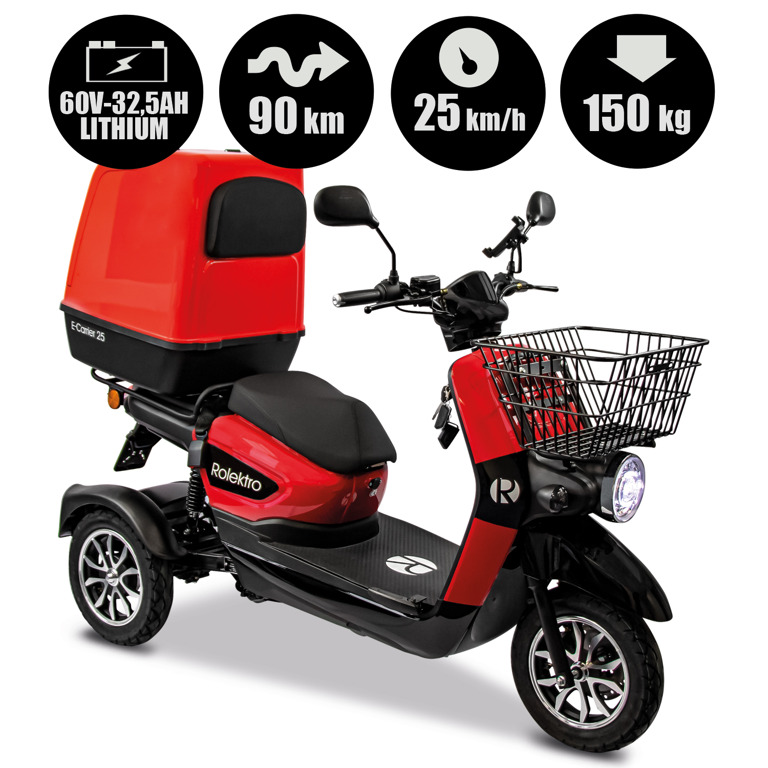 Rolektro E-Carrier 25 V.3 Lithium, Rot, mit XXL-Koffer, 25 km/h Rolektro E-Carrier 25 V.3 Lithium, Rot, mit XXL-Koffer, 25 km/h