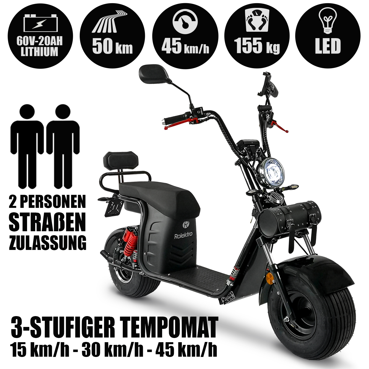 Rolektro, E-Cruiser 45 Lithium, Schwarz, 60V-20Ah Akku, 1500 Watt