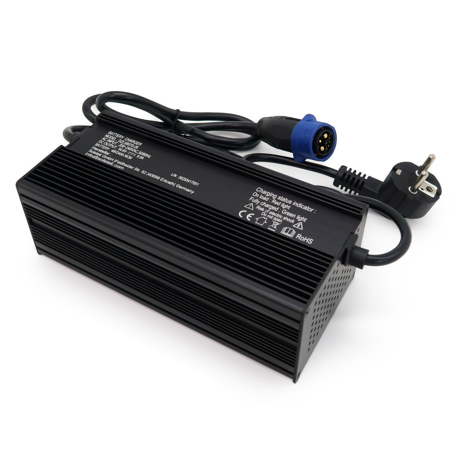 MX4/EM4 - Ladegerät 48V/6A für Lithium NCM Akku, Rund, Alugehäuse