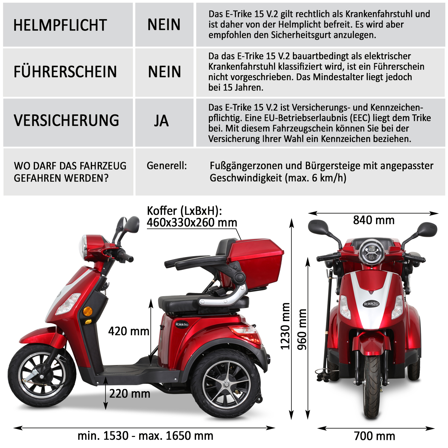 G1, Rolektro E-Trike 15 V.2 Blei-Gel, Rot, 15 km/h