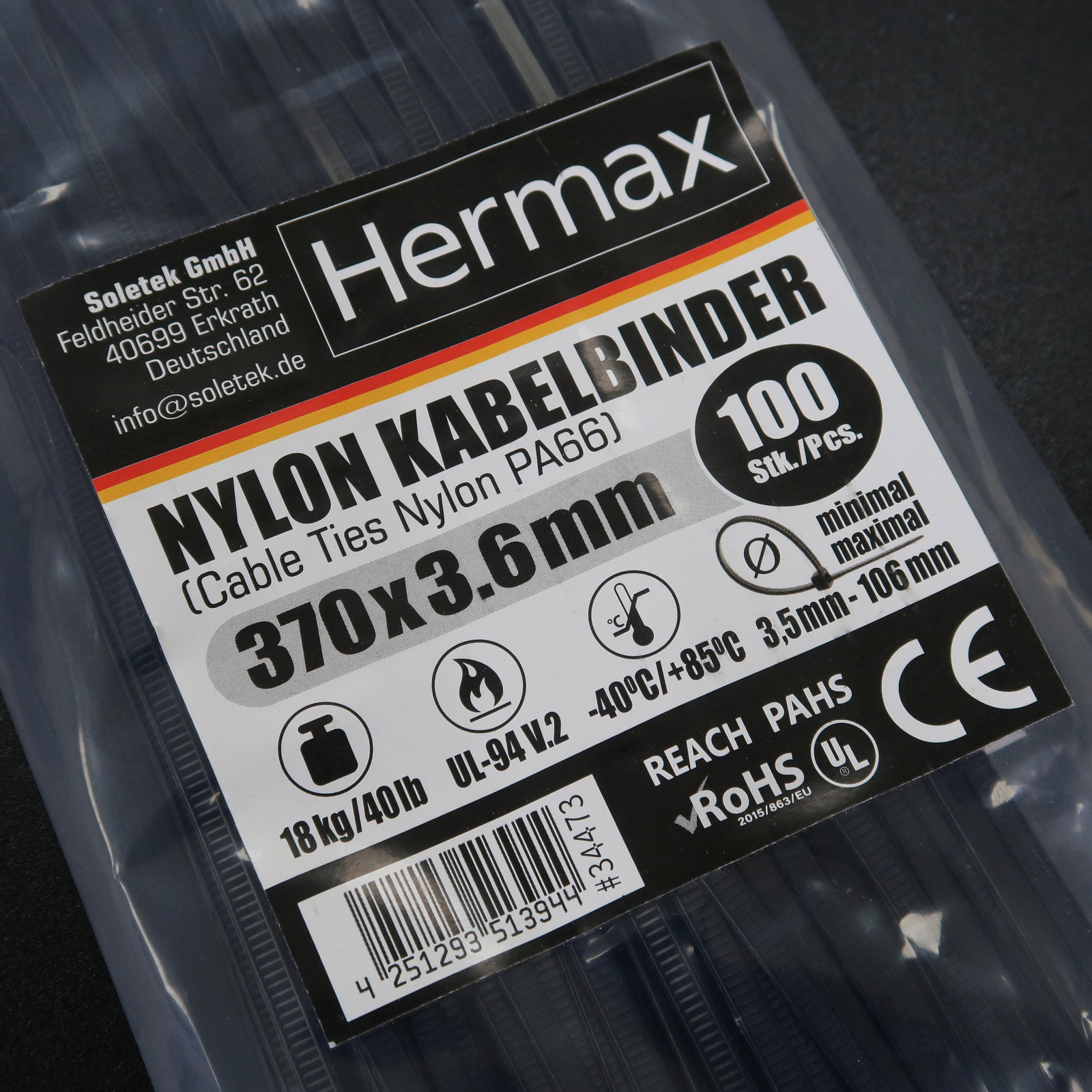 Kabelbinder, schwarz, 3,6 x 370mm, 100 Stk