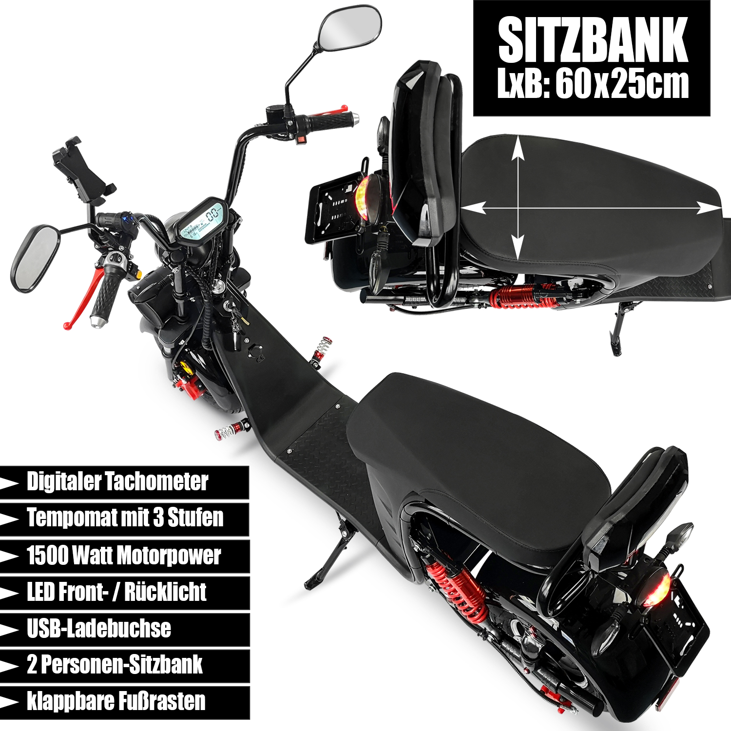 Rolektro, E-Cruiser 45 Lithium, Schwarz, 60V-20Ah Akku, 1500 Watt