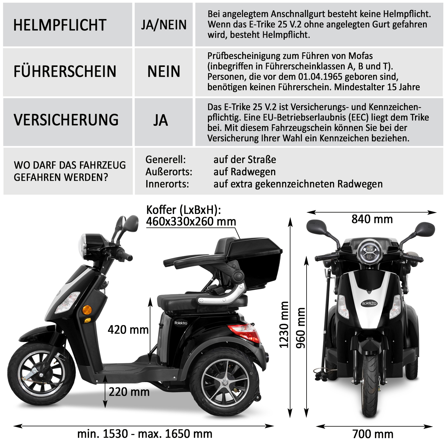 Rolektro E-Trike 25 V.2 Blei-Gel, Schwarz, 25 km/h