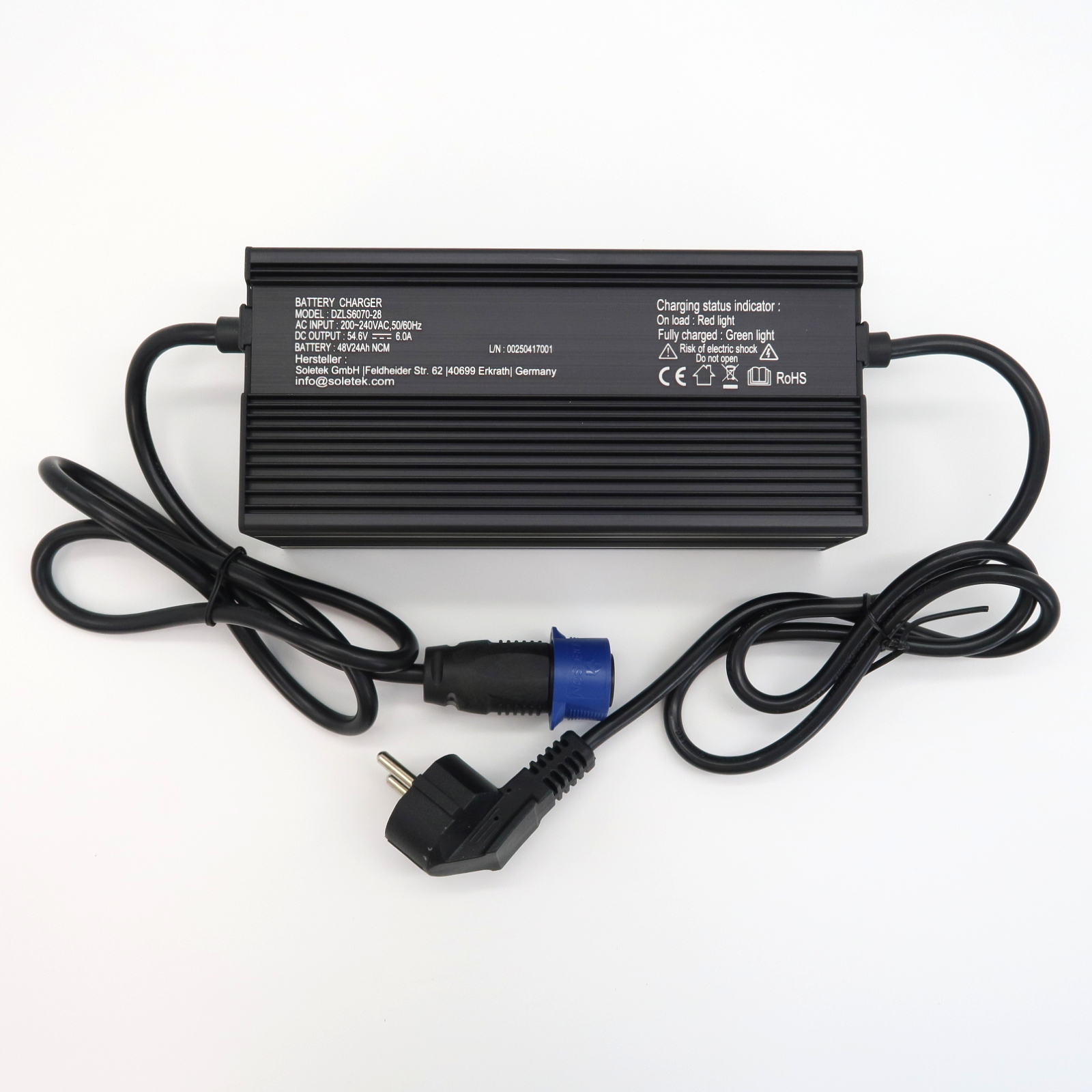 MX4/EM4 - Ladegerät 48V/6A für Lithium NCM Akku, Rund, Alugehäuse