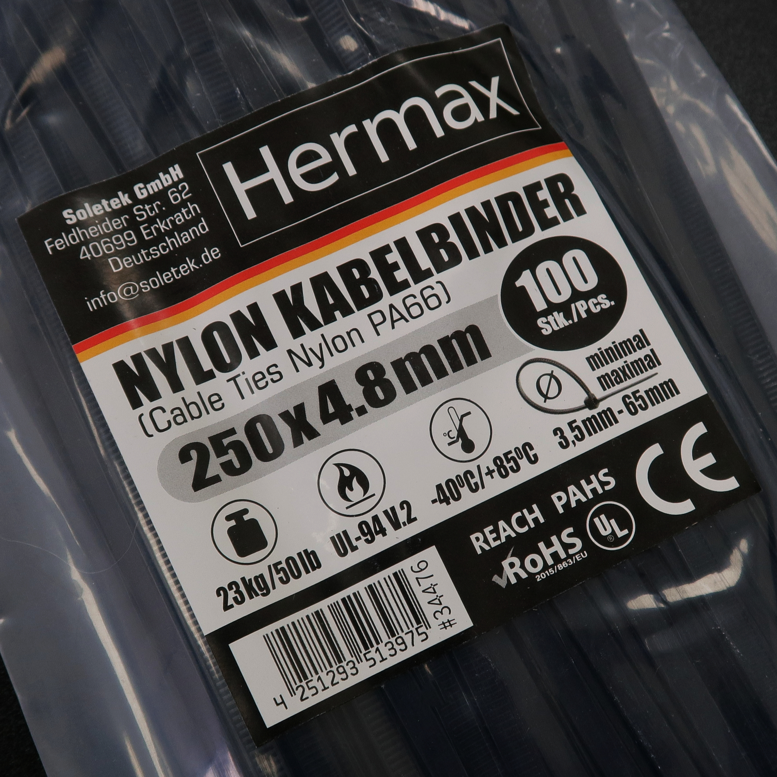 Kabelbinder, schwarz, 4,8 x 250mm, 100 Stk