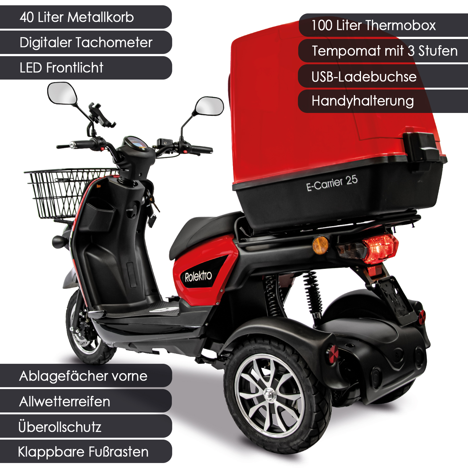 Rolektro E-Carrier 25 V.3 Lithium, Rot, mit XXL-Koffer, 25 km/h Rolektro E-Carrier 25 V.3 Lithium, Rot, mit XXL-Koffer, 25 km/h