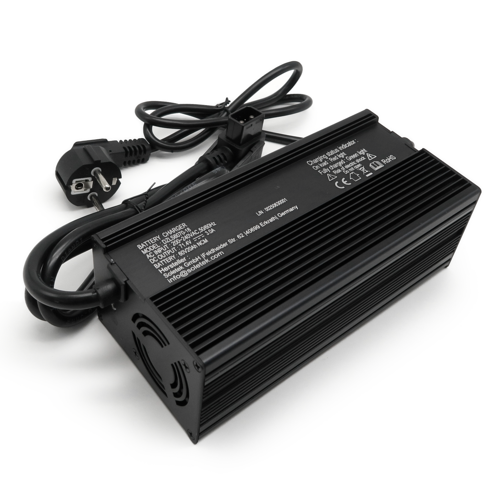 Quad25V3/R26 - Ladegerät 60V/20Ah für Lithium-NCM-Akku, Eckig, Alugehäuse, 71,4V/3A