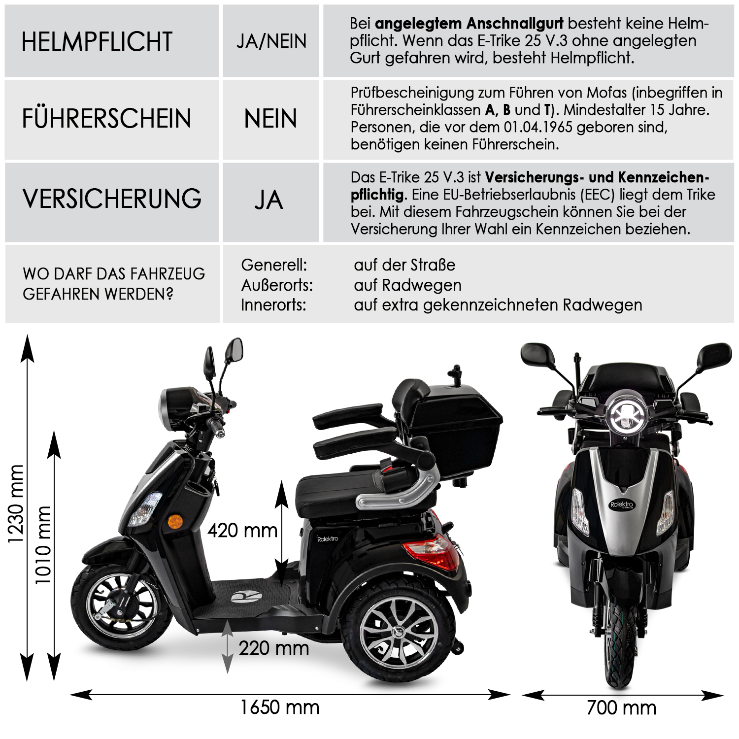 Rolektro E-Trike 25 V.3 Lithium, Schwarz, 25 km/h Rolektro E-Trike 25 V.3 Lithium, Schwarz, 25 km/h