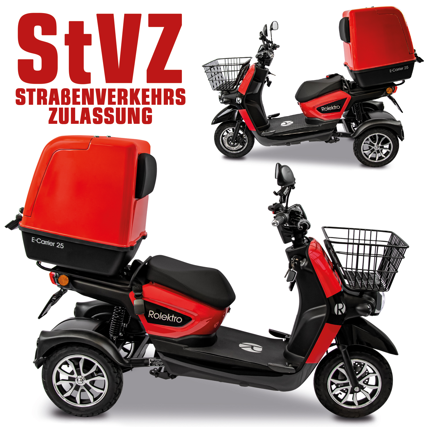 Rolektro E-Carrier 25 V.3 Lithium, Rot, mit XXL-Koffer, 25 km/h Rolektro E-Carrier 25 V.3 Lithium, Rot, mit XXL-Koffer, 25 km/h