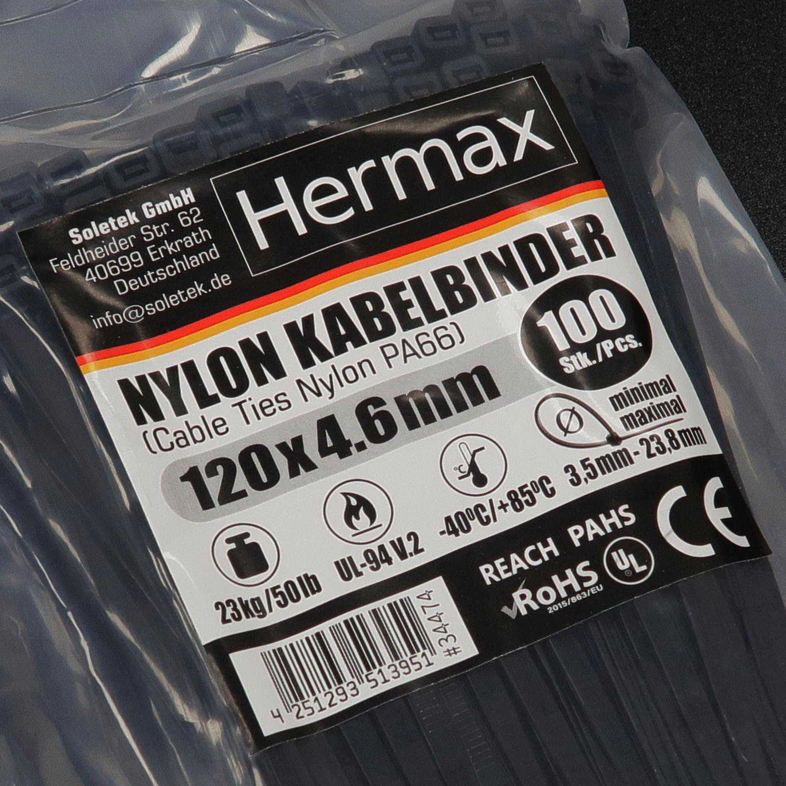 Kabelbinder, schwarz, 4,6 x 120mm, 100 Stk