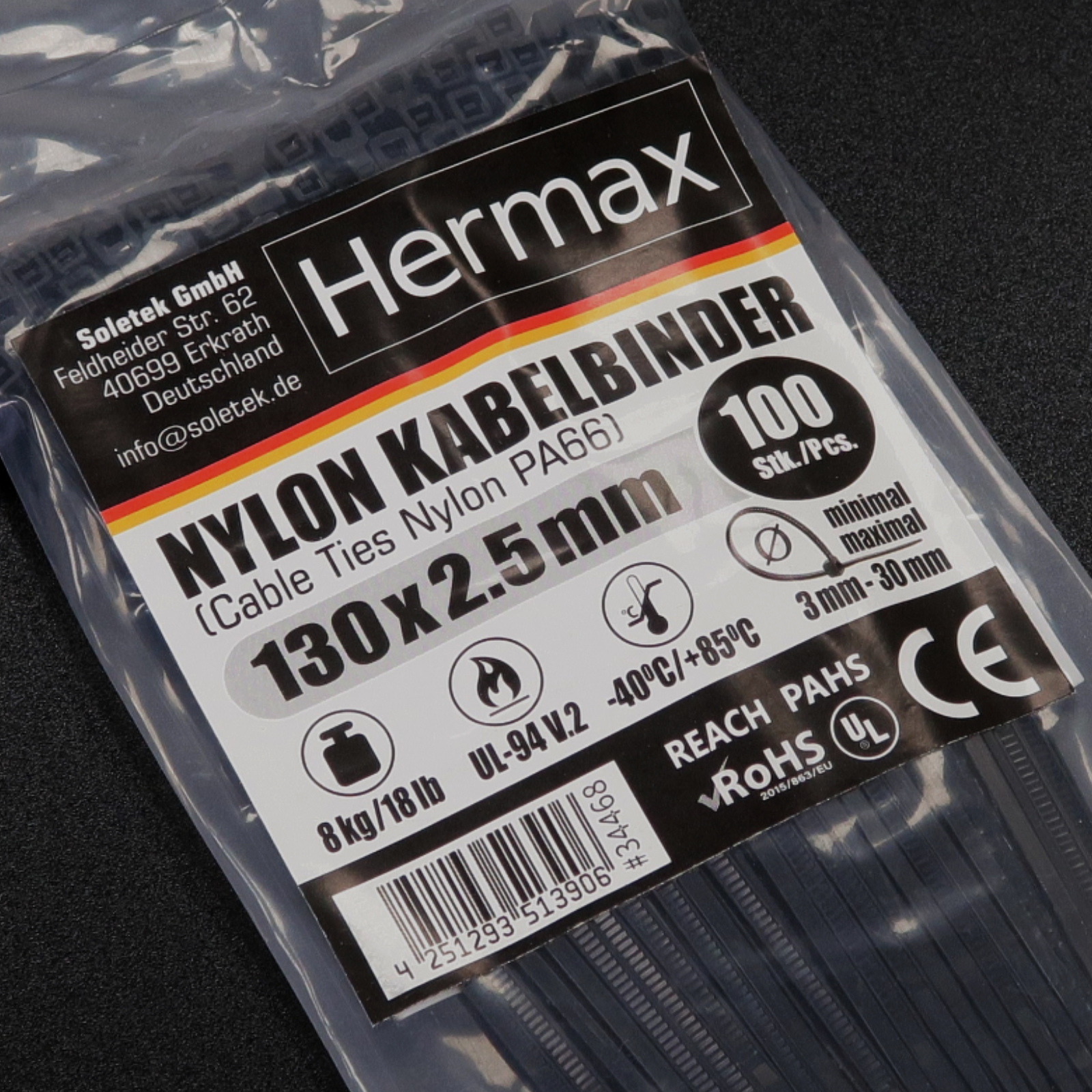 Kabelbinder, schwarz, 2,5 x 130mm, 100 Stk