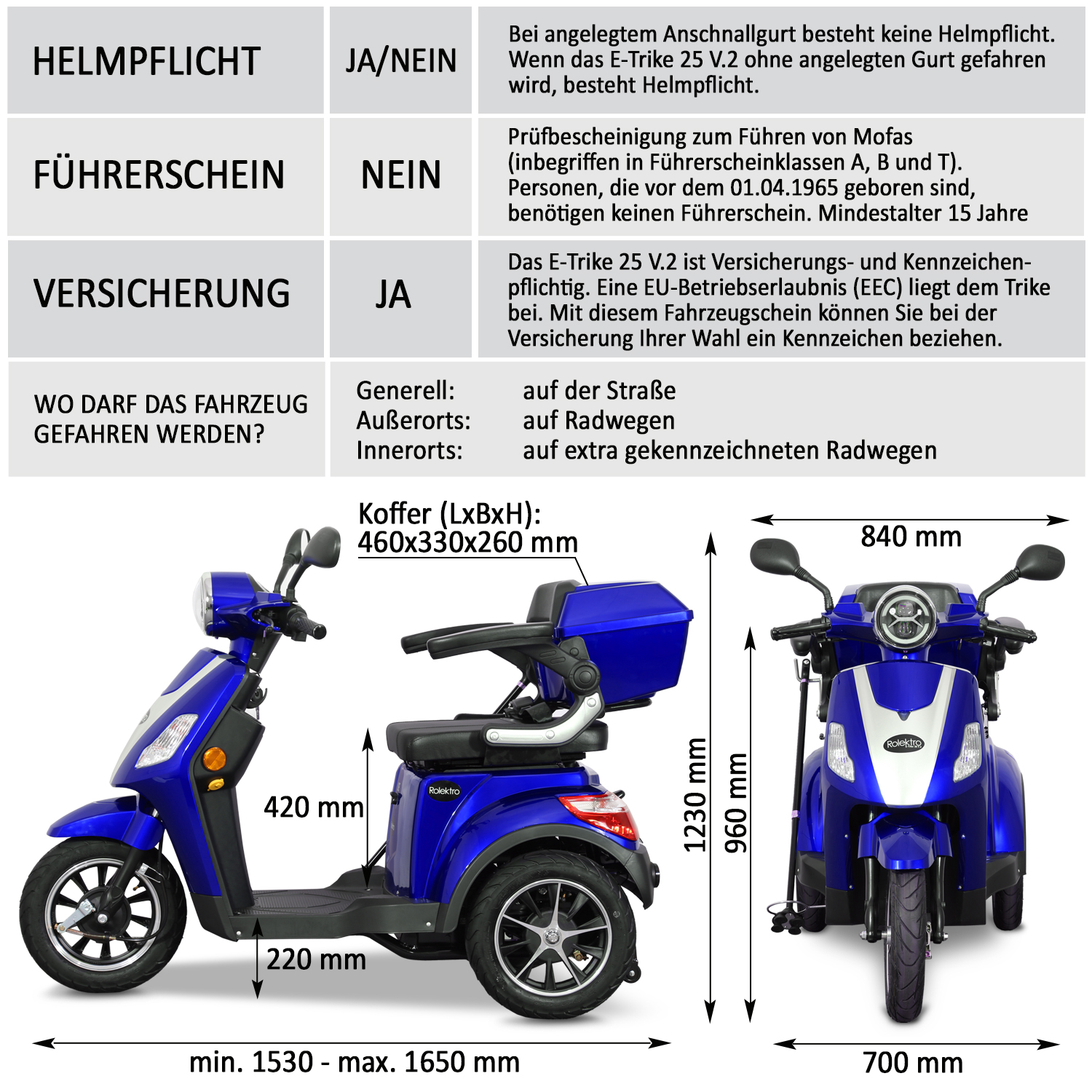 Rolektro E-Trike 25 V.2 Blei-Gel, Blau, 25 km/h