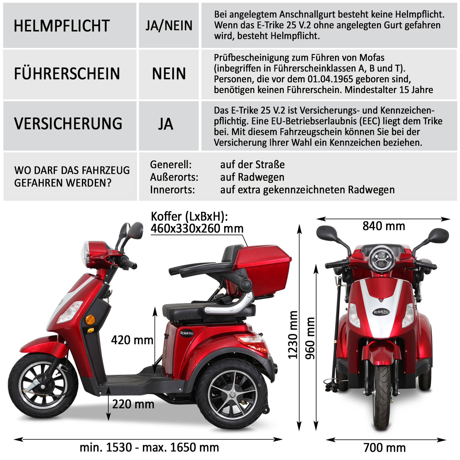 G1, Rolektro E-Trike 25 V.2 Blei-Gel, Rot, 25 km/h
