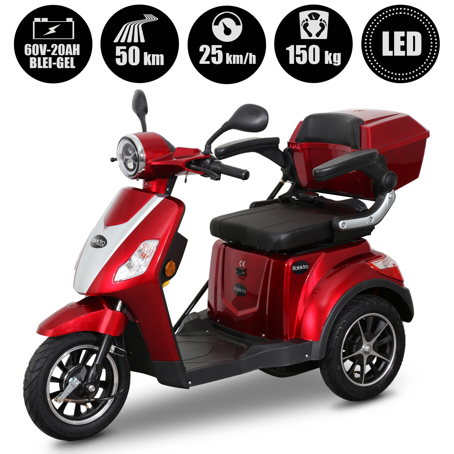 G1, Rolektro E-Trike 25 V.2 Blei-Gel, Rot, 25 km/h